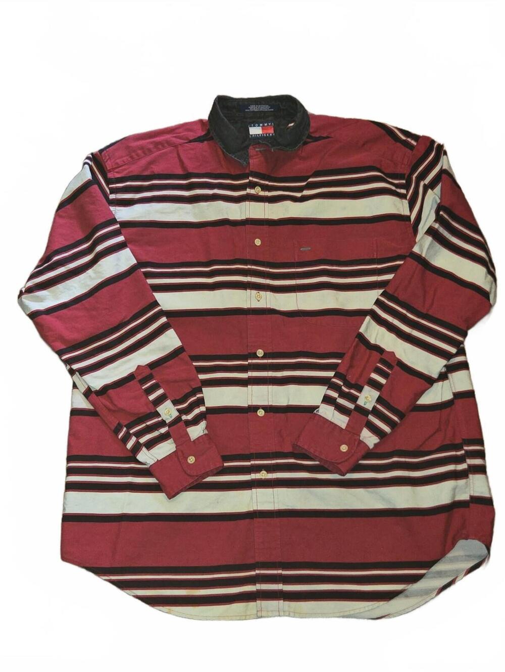 Vtg 90s Tommy Hilfiger Men's L Red Black Stripe Shirt Long Sleeve Denim Collar